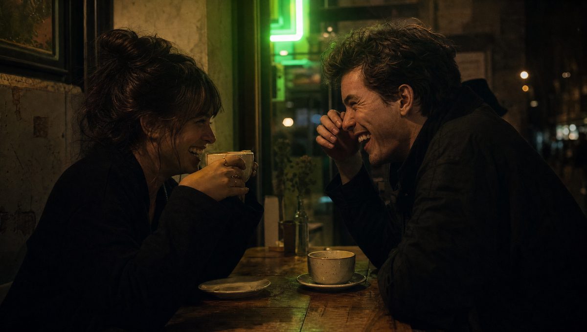 Two people laughing together over coffee in a cozy cafe at night