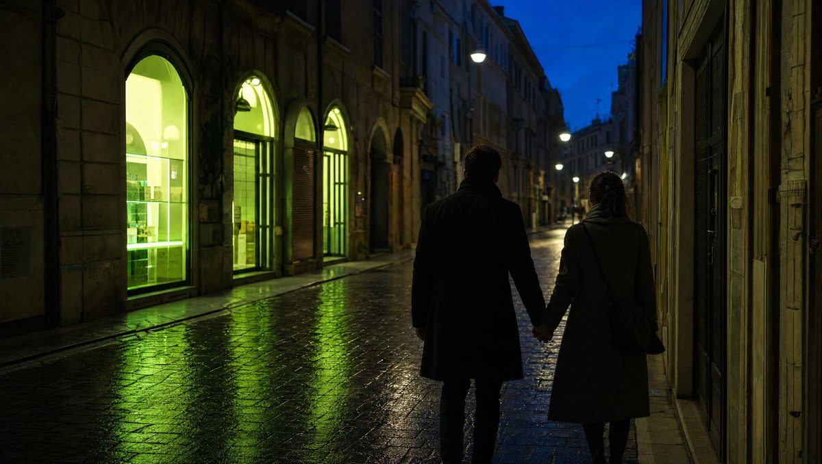 A couple walking hand in hand through a city street at dusk