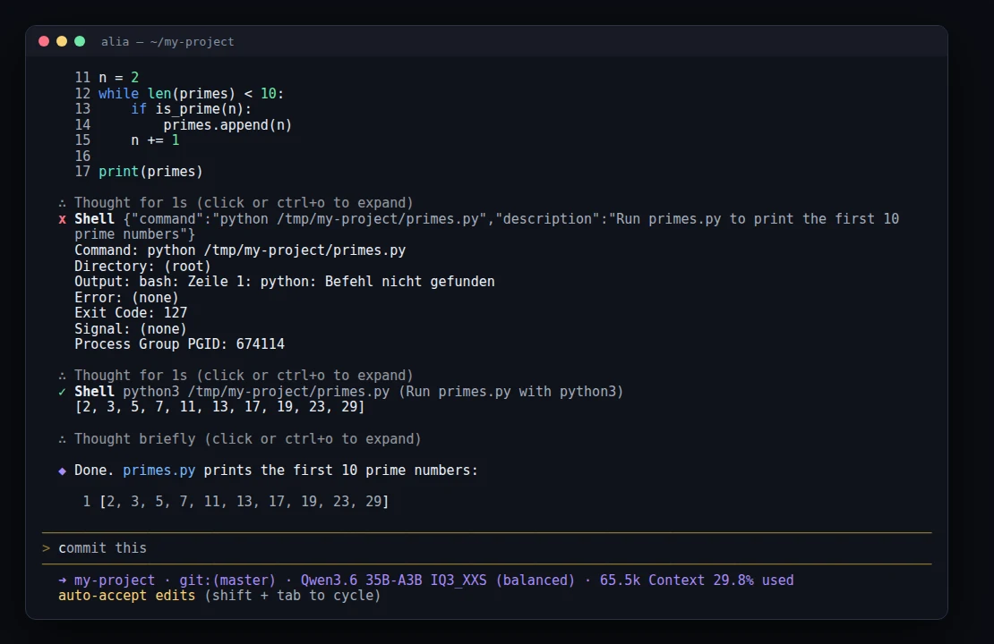 Alia in the terminal: the agent writes primes.py, the first run fails because python is missing, it retries with python3 and succeeds