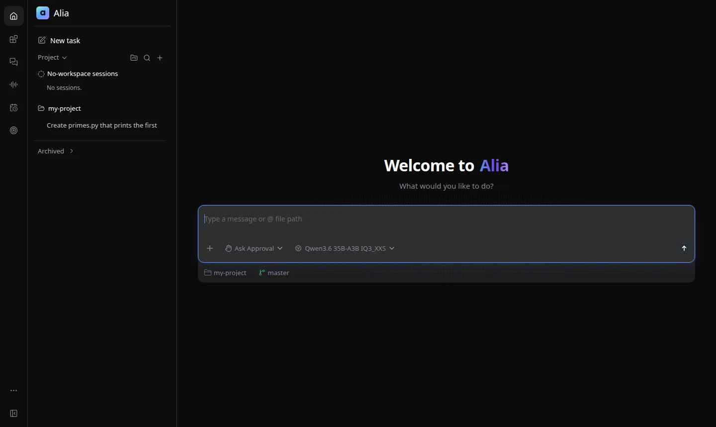 Alia web shell in the browser with the session list and a message box