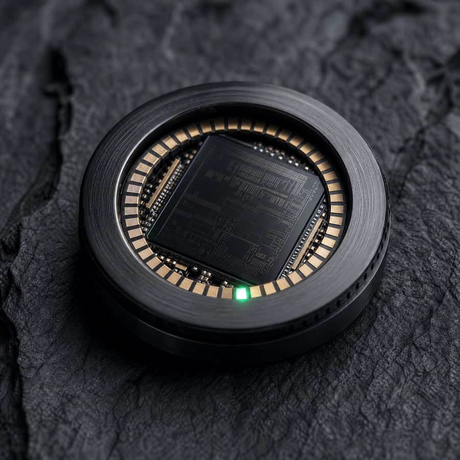 A chip in a round housing with one green status light