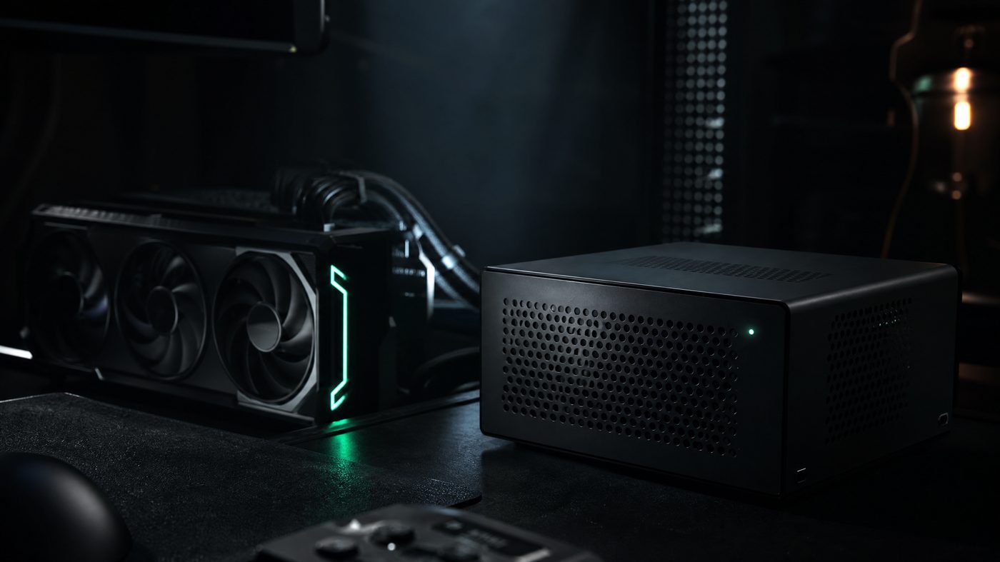 A graphics card and a small server on a desk, lit in green